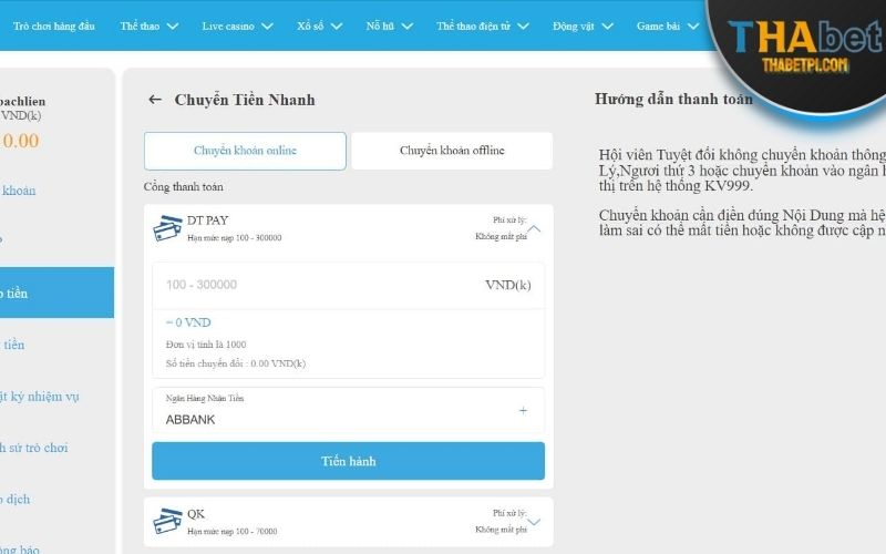 Một số lưu ý nạp tiền THABET quý hội viên cần biết khi bắt đầu