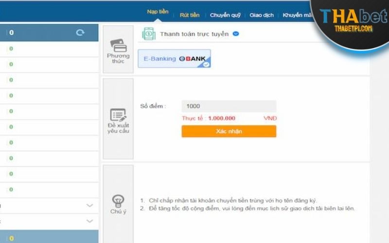 Hướng dẫn thủ tục nạp tiền THABET siêu tốc